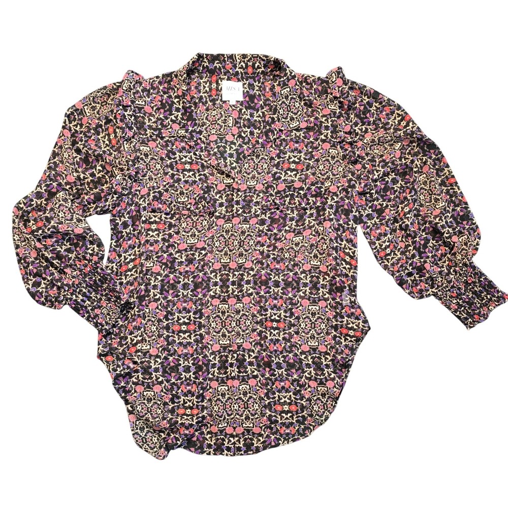 MISA Los Angeles Womens L Floral Print Blouse Long Sleeve Smocked Cuffs Sheer